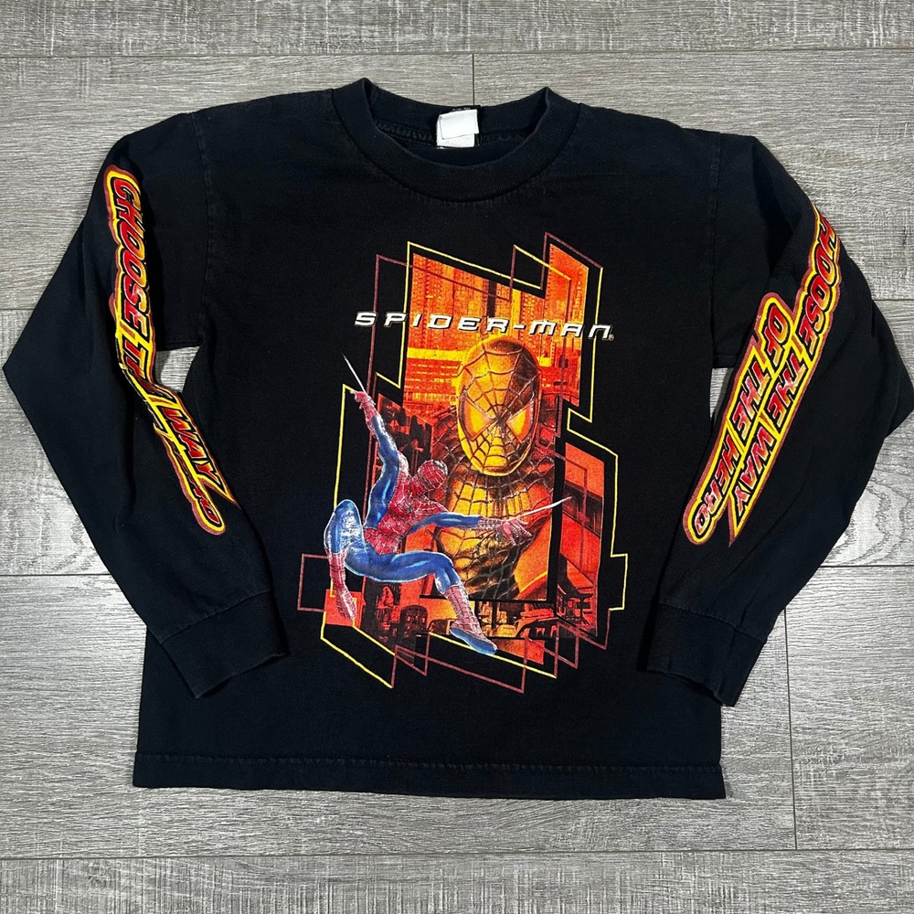 Vintage 2002 Spider-Man Movie Promo Long Sleeve Shirt Kids Black Y2K Marvel 0645